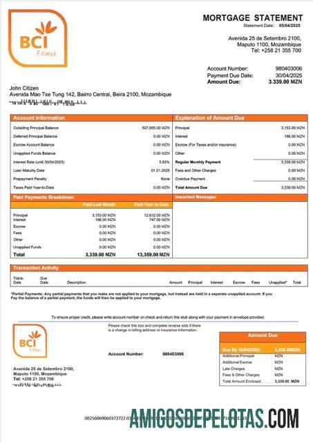para download Mozambique Banco Comercial E De Investimentos Mortgage Statement Word And PDF Template
